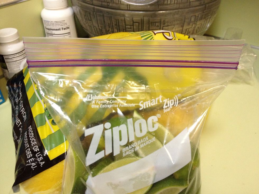 Suck out the remaining air as best you can and seal it up. I try to freeze in small quantities so I don't end up with a frozen brick of limes. There are approximately 6-8 limes in this bag