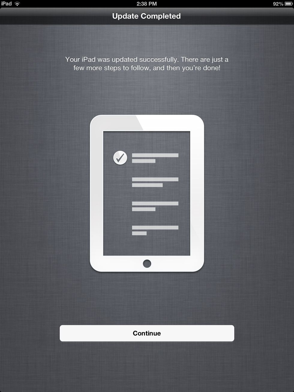 Suddenly, your screen goes black. The device restarts. An Apple logo and a slowly creeping status bar appears. The status bar creeps slowly. Finally, you see this screen. Click Continue.