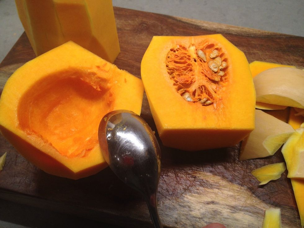 Super easy to scoop the seeds out with a regular spoon. (You could rinse and dry the seeds, then roast them to sprinkle as a garnish if you are feeling really fancy)