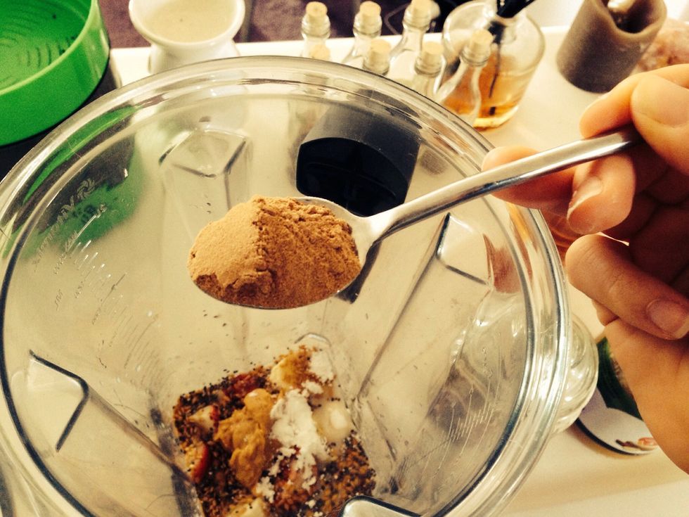 Superfoods Cacao Smoothie Mix - a blend of cacao, cinnamon, maca, and other superfoods, this stuff is potent! I stick to one teaspoon because more is too stimulating for my body!!!