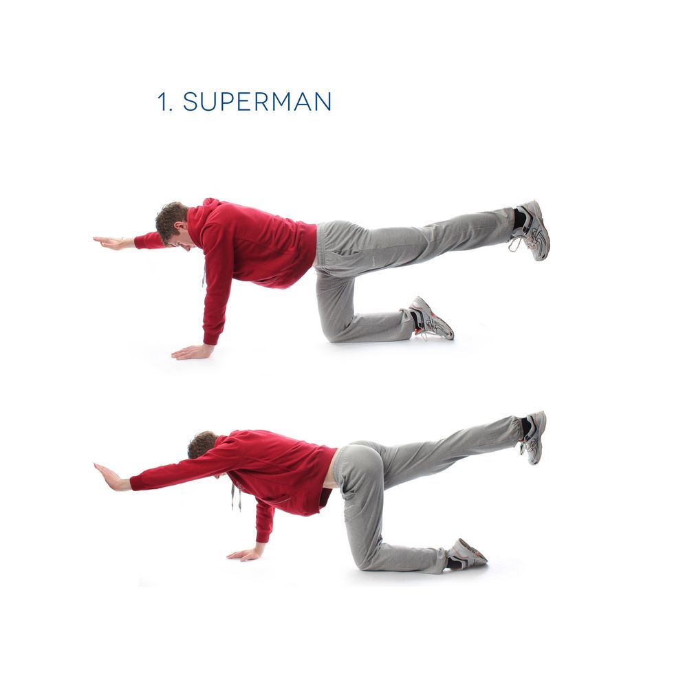 Superman - Working on your core stability. Start on all fours. Raise your left arm & right leg and hold for 15 seconds. Repeat this on the other side