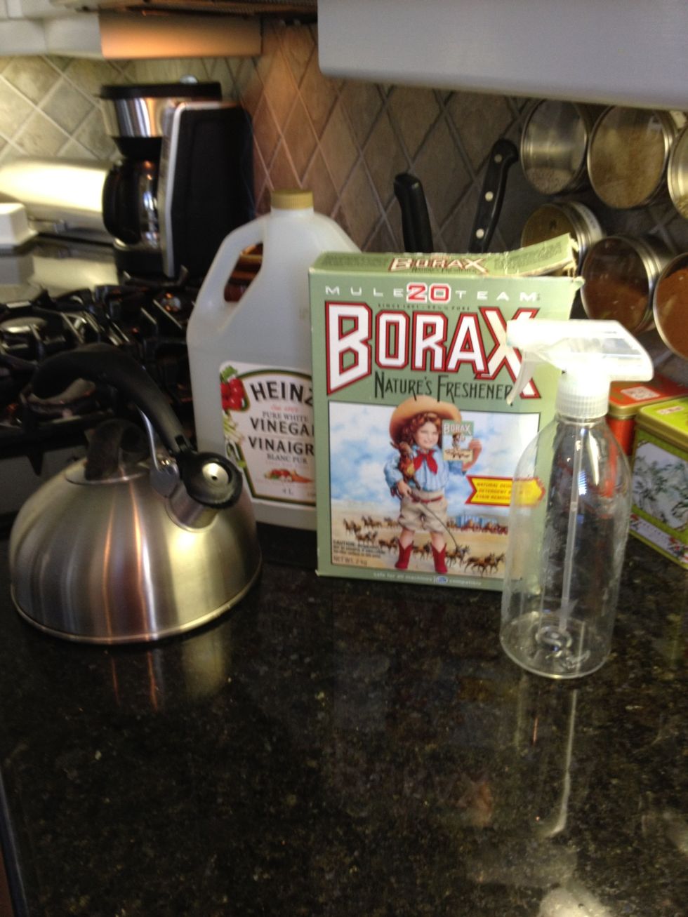 Supplies. 1 tsp. Borax, 3 tbsp. vinegar, 2c. hot (not boiling) water. Out of the tap is fine, but I just made tea, so this time the kettle. Mix it in the empty spray bottle