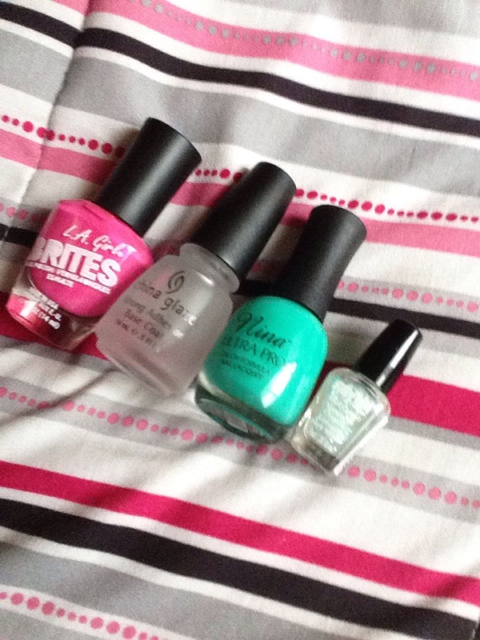 Supplies!! 2 different nail polishes, top coat and a sparkle nail polish