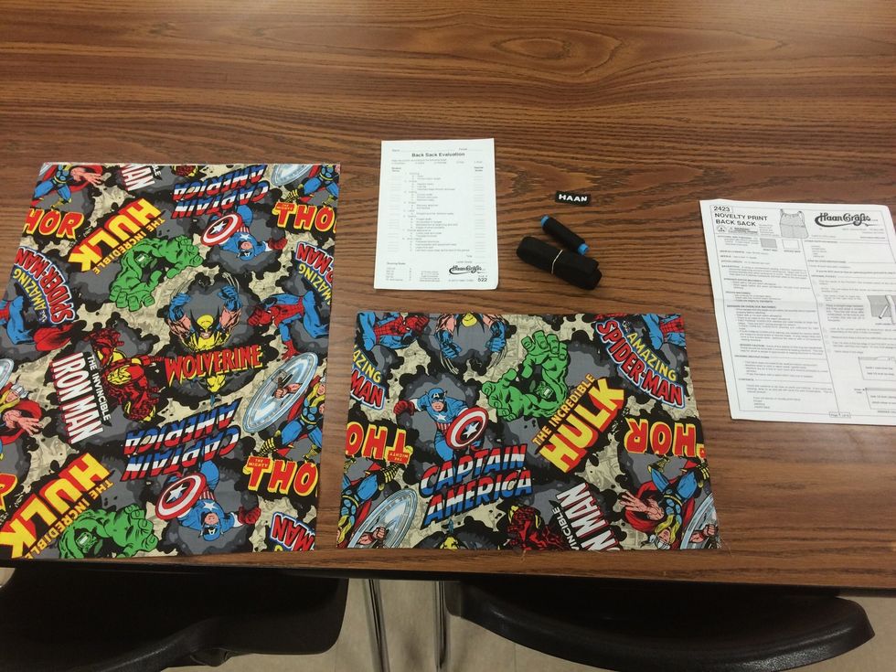 Supplies- 2 large pieces of fabric, one smaller pocket piece, thread, webbing- straps, instructions, evaluation.