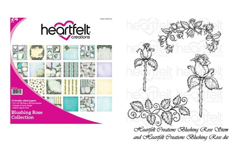 Supplies are:  Heartfelt Creations Blushing Rose Collection, Heartfelt Creations Blushing Rose Stem Stamp and Die, Heartfelt Creations Regal Borders and Pocket die set, NUVO Crystal Drops-Dandelion.