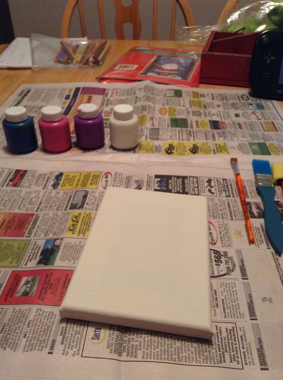 Supplies: blue, purple, pink, and white acrylic paint, mini canvas, angled brush, 1 inch brush
