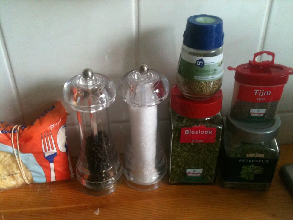 Supplies: cheese, pepper, salt, herbs (go crazy with whatever you like). I used chives, parsley, thyme and rosemary, all dried.