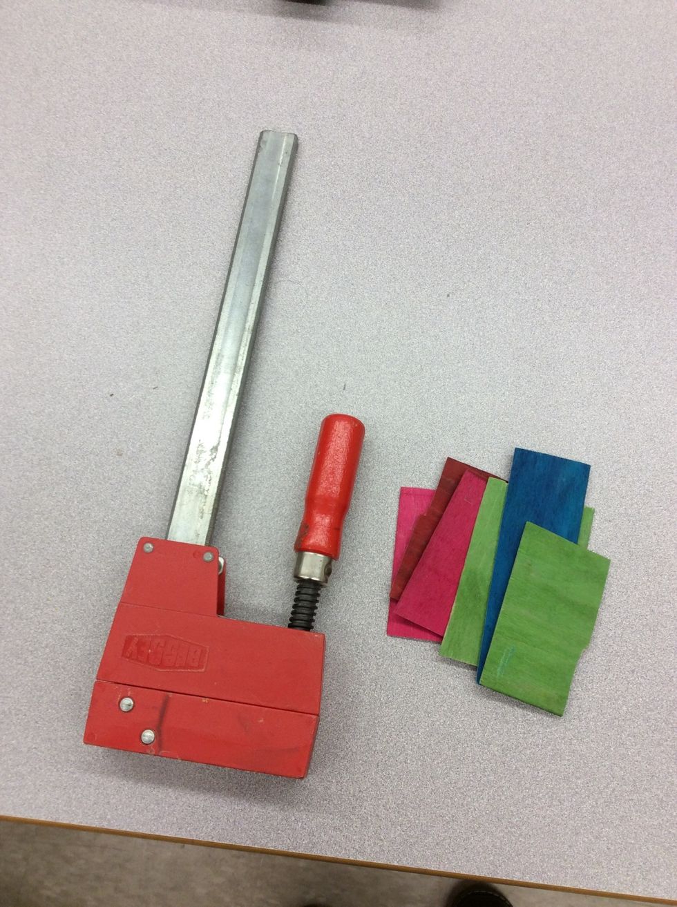 Supplies: Clamp, 6 Veneers, Glue, Drill, Hand saw