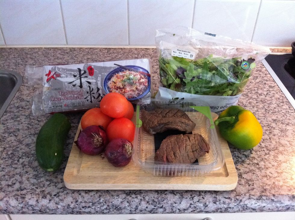 Supplies for beef salad for two.
