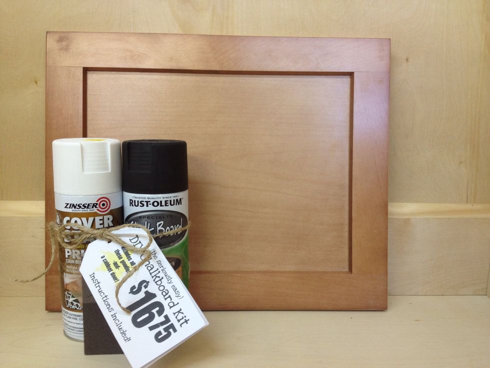 Supplies: Have you purchased a kit from our cabinet shop? If so, you'll have your cabinet door, primer, chalkboard paint and sanding sponge from your kit! If not, head to your local hardware store!
