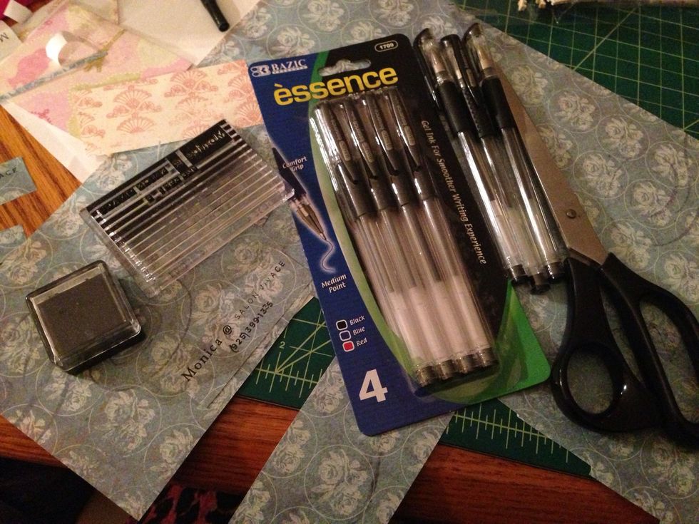 Supplies. I got pens from the dollar store. You will also need decorative paper of your choice, scissors and a personalized stamp or a computer/printer to  make your personalization.