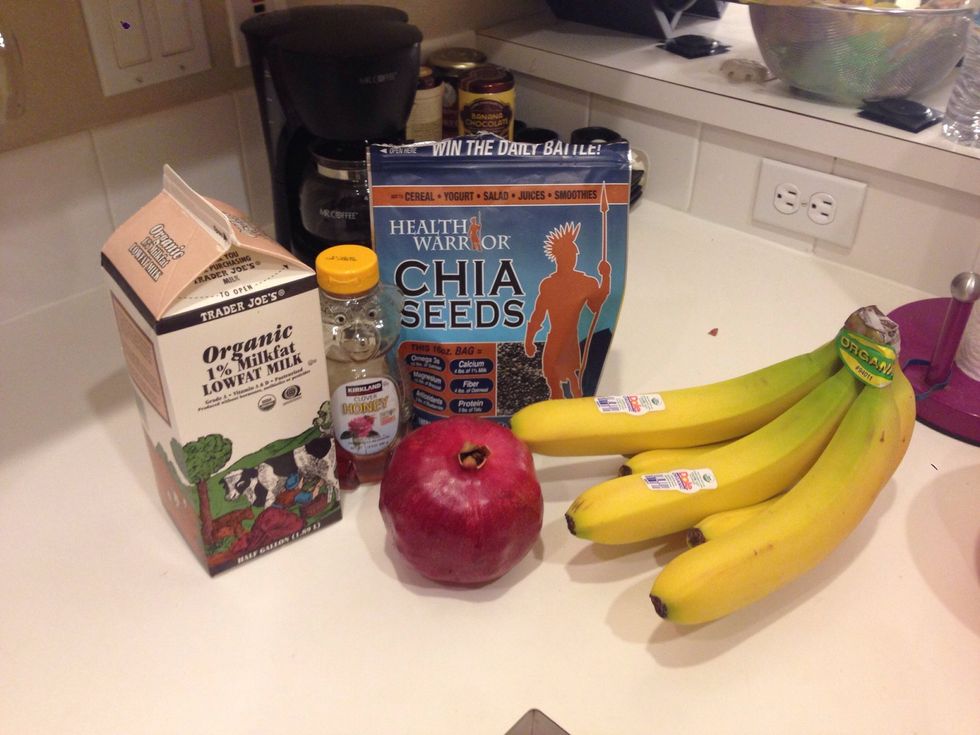 Supplies: milk (regular, almond, rice, soy etc.), chia seeds, pomegranate seeds, honey (or other sweetener), and bananas.