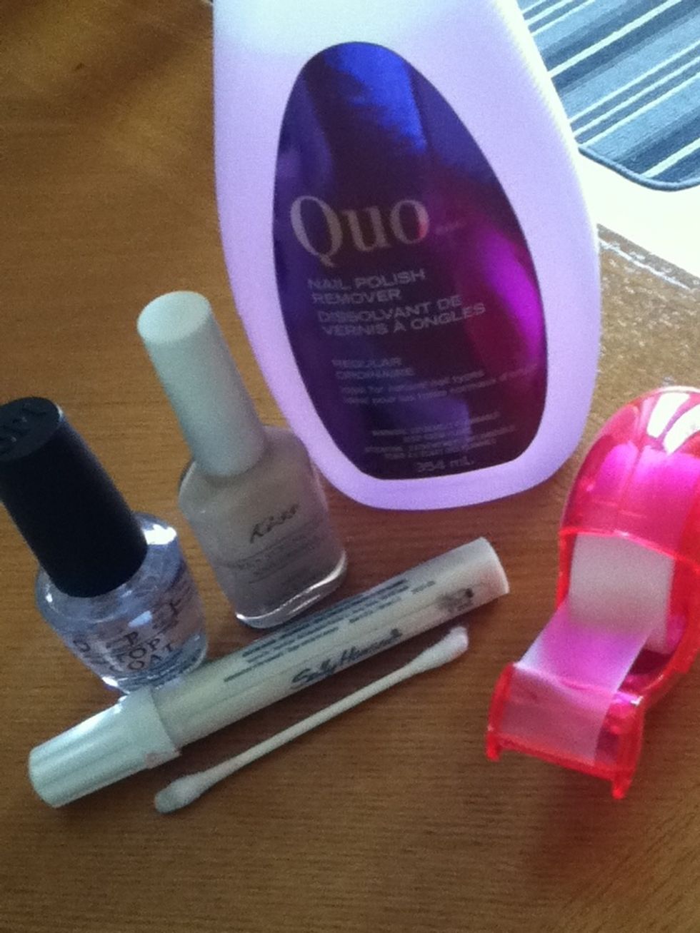 Supplies: Scotch Tape, O.P.I top coat, Bio-strength(tan color), Qtips, Remover, French manicure pen (Qtips and remover optional, it's just to clean up after)