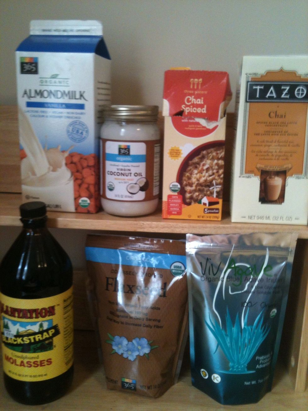 Supplies shown here. You can simplify the recipe by just adding tazo chai and coconut oil to the oatmeal and it would taste good, but I can never resist making a super healthy meal :)