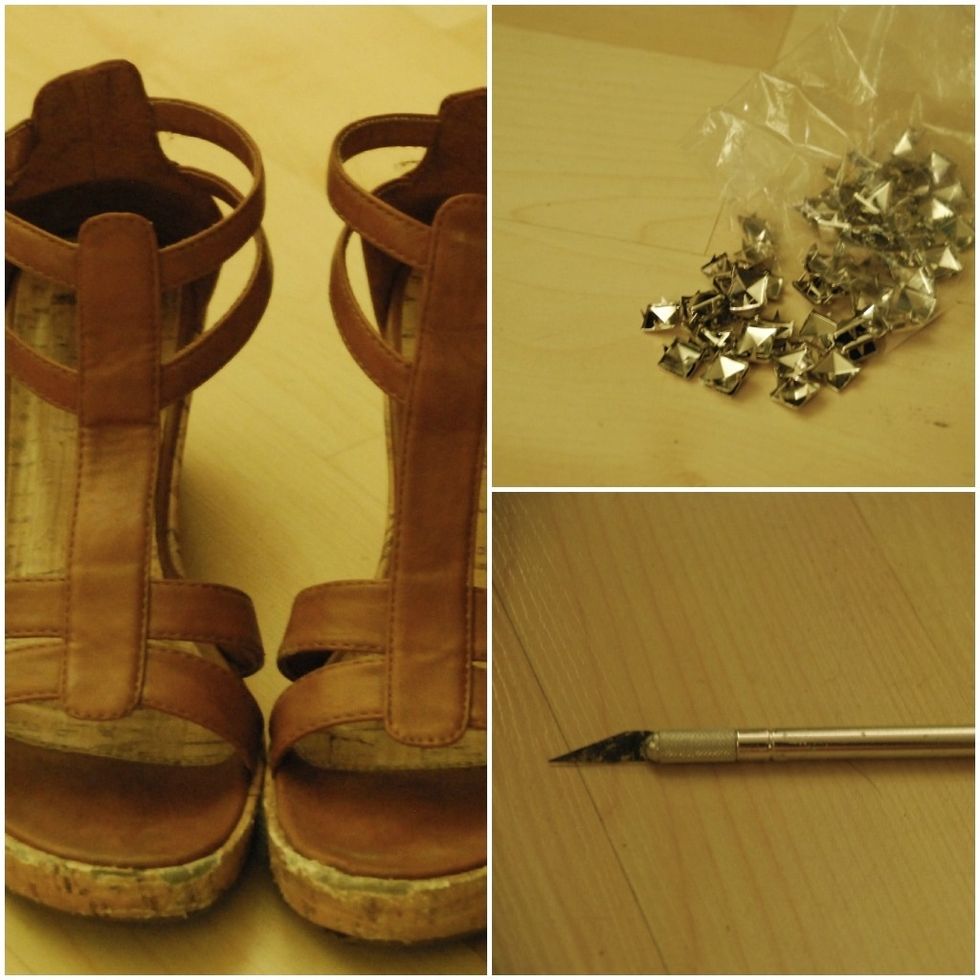 Supplies used. I studded a pair of wedges from a garage sale. I recommend practicing before you stud the shoes because removing and restudding is a difficult process.