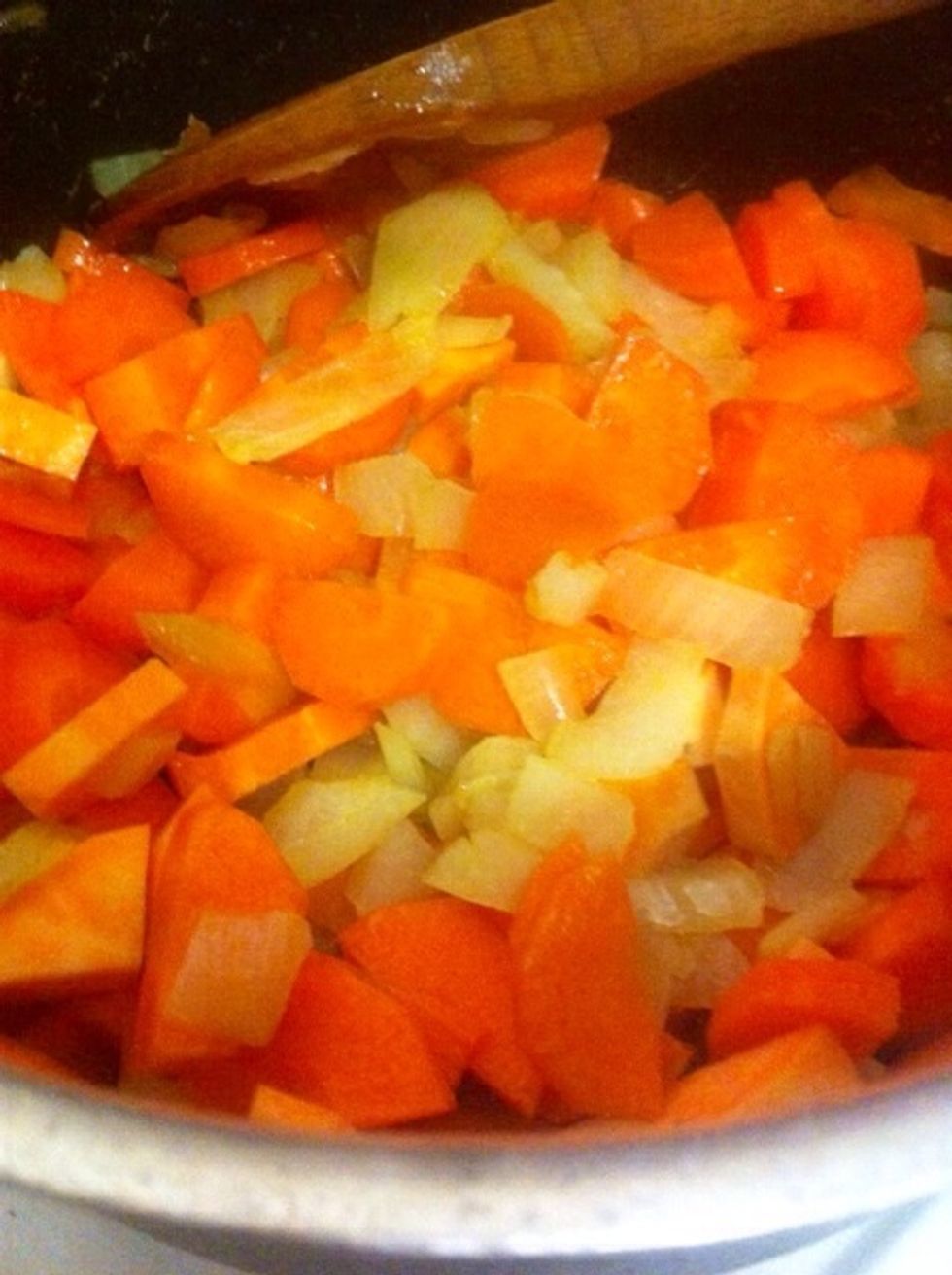 Sweat off (release flavour) vegetables in olive oil on a low heat for approx 10mins. Stir occasionally to avoid colouring or burning.