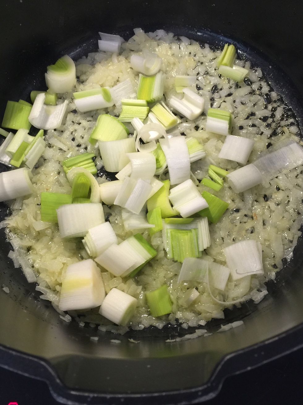 Sweat the onions.. 5 mins. Then add the leeks
