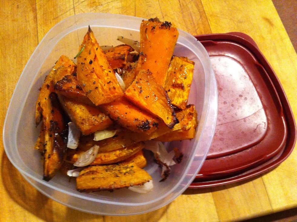 Sweet potatoes can be stored in container and refrigerated. Taste good even cold :)