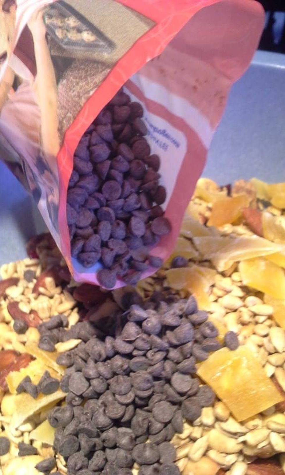 Sweet side,mini chocolate chips are good so the kids do not try to just pick out the candies.If you are making this for a hot day outing, try toasted coconut to avoid a melted mess with the chocolate.