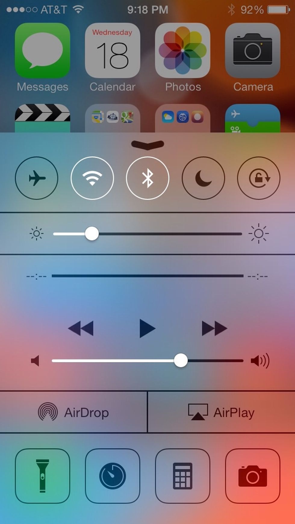 Swipe up from the bottom of the screen to turn off/on WiFi, Blue Tooth, Flashlight , calculator, timer, camera, airplane mode, lock orientation, and night mode.