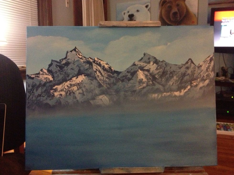 Switch the foreground to Prussian Blue for depth. All done with your chip brush.