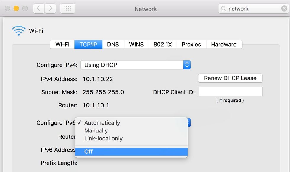Switch to the TCP/IP tab, click the Configure IPv6 menu, and change the selection from Automatically to Off. Click OK to exit.