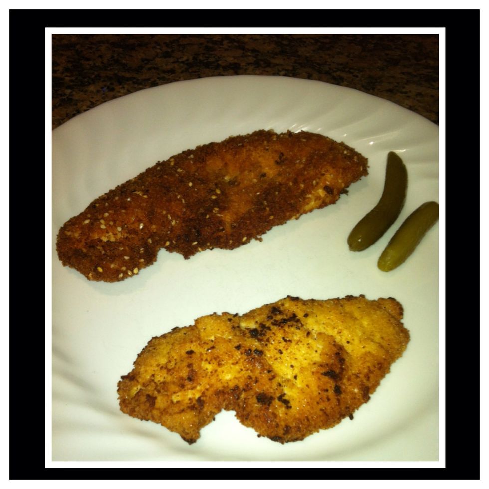 Ta-da.... Almond crusted schnitzel pairs well with green beans and Dijon mustard. Breadcrumb crusted schnitzel pairs great with mashed or roast potatoes and pickles. Squeeze extra lemon if needed.