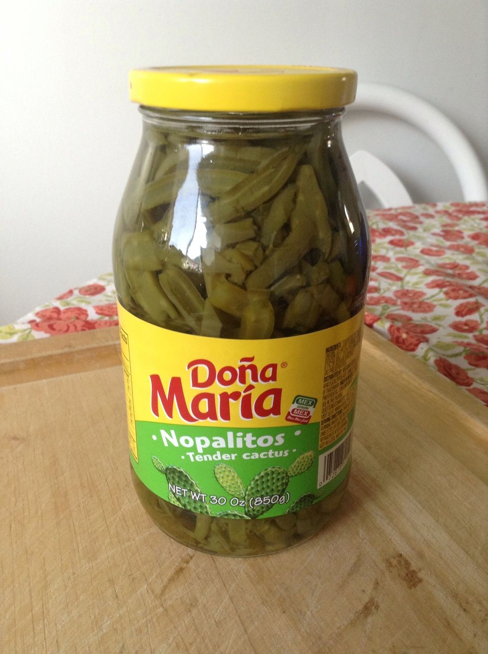 Ta da! Tender cactus "nopalitos" in a jar (spines & skin removed!) found in Latino markets & even some supermarkets. So much of the work is already done! Now let's make them into a delicious salad!
