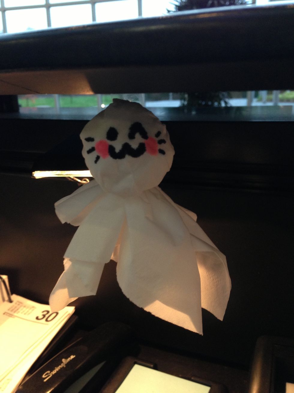 Tada ! Your cute Lil cheap and easy ghost decoration :) if u need a bigger ghost - just upsize it i even used a white garbage bag and did the same thing to make it for outside :D