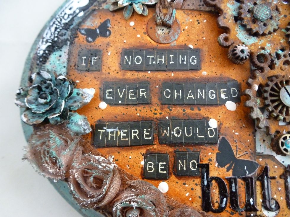 Tag: Ink with TH distress ink Rusty Hinge direct to paper to give more intense color. Layer on letter stickers and rub-ons. Add twine. Seal with Ranger multi medium matte.