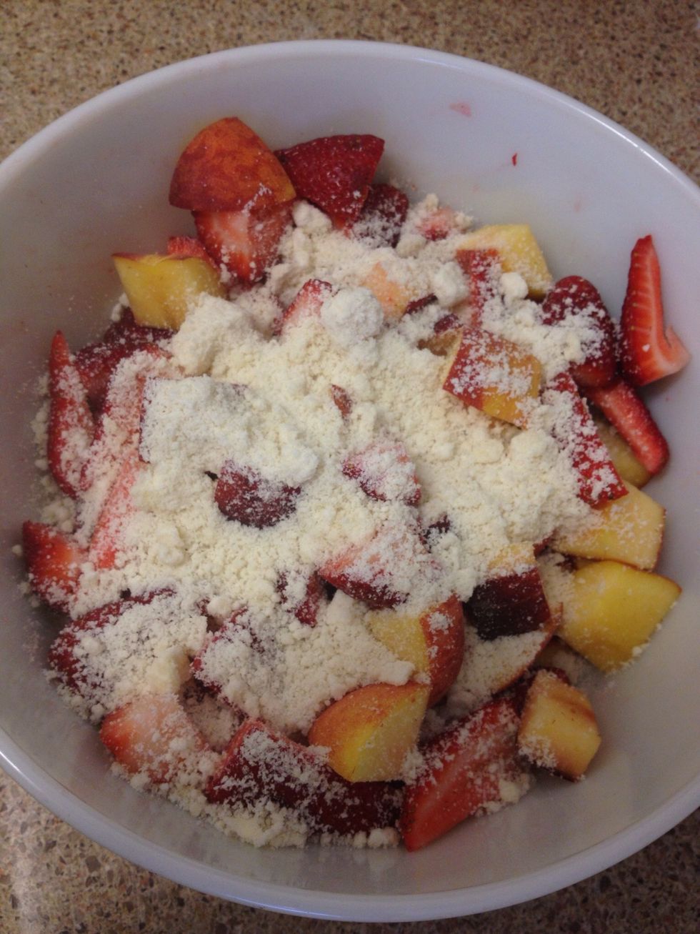 Take 1/3 cup of the flour mixture and toss with fruit. This will help thicken the fruit juices when baking.