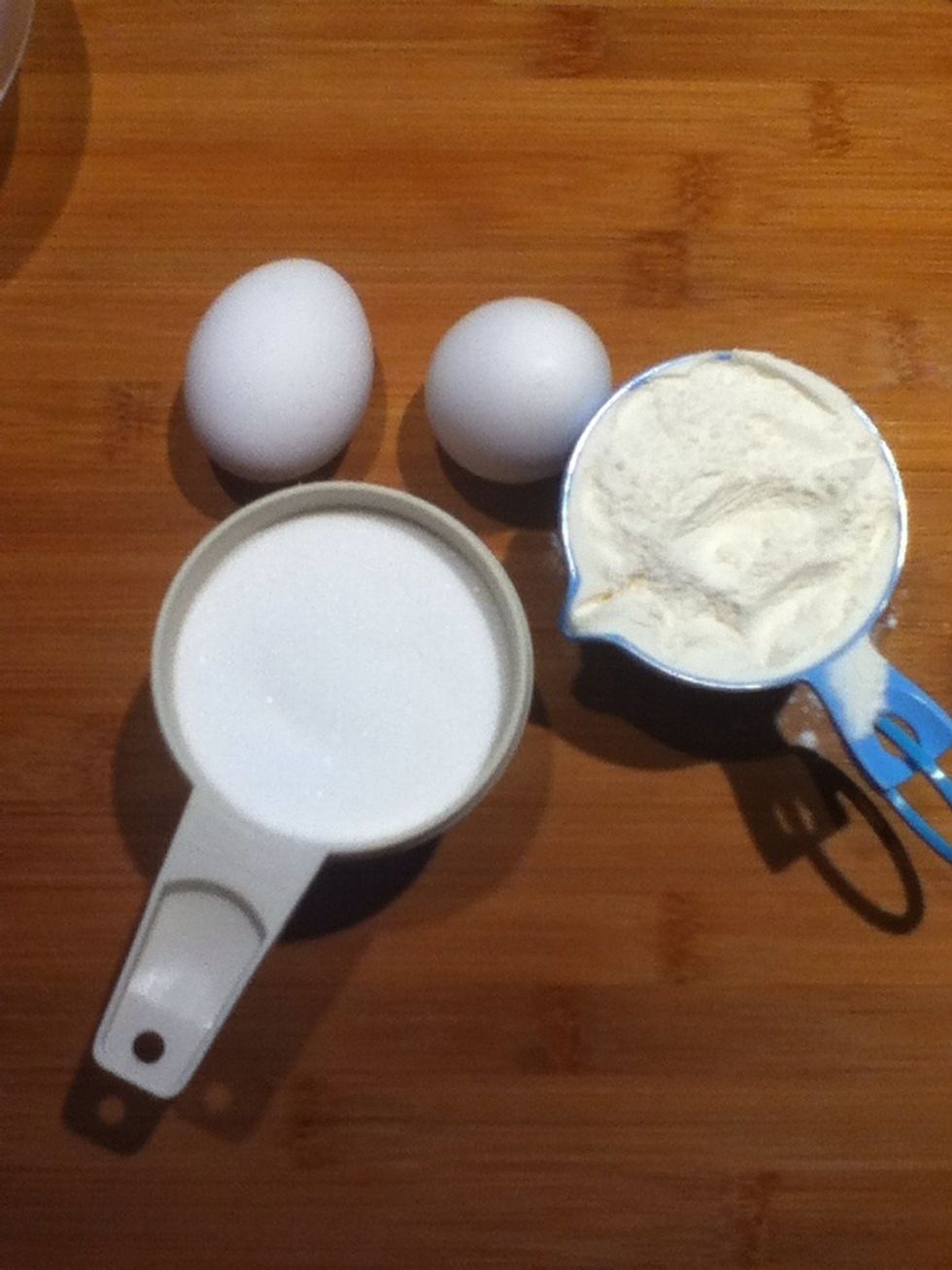 Take 1 cup of sugar, 1/2 cup of flour and 2 eggs