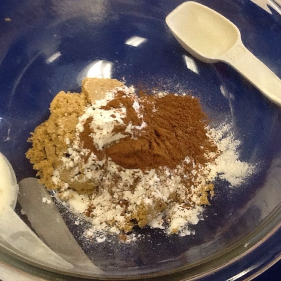 Take 125 mL of packed brown sugar 30 mL of flour 10 mL of cinnamon and 30 mL of melted butter into a new bowl