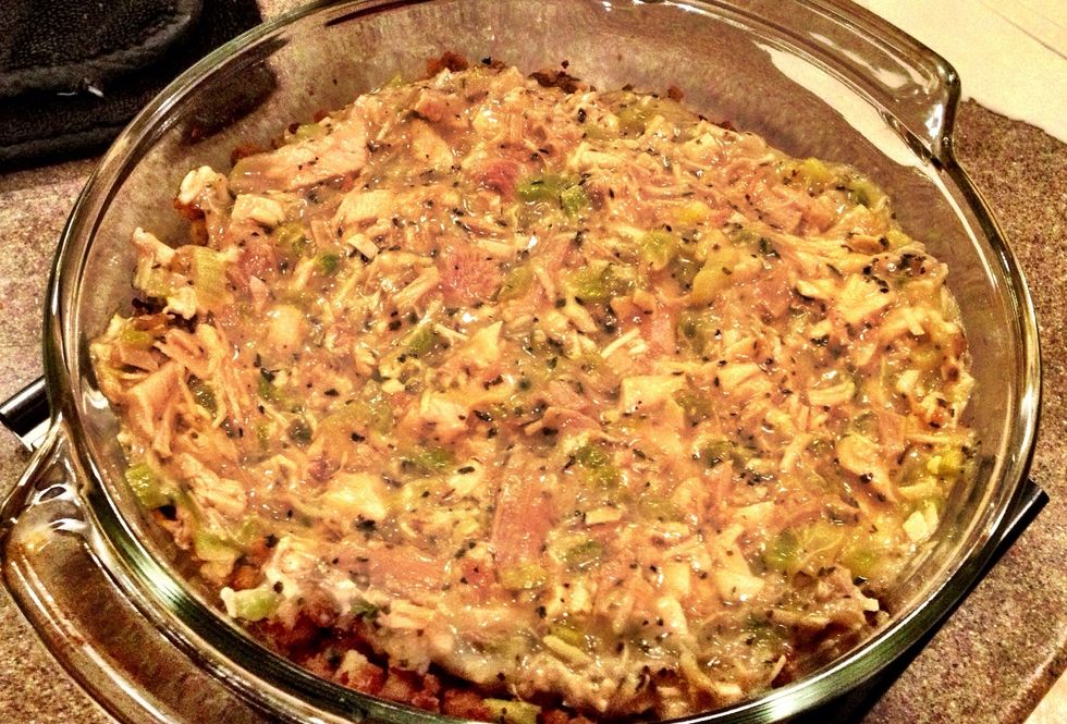 Take 2 tbsp of bacon grease & saut\u00e9 celery & onion until tender-about 8 mins on med heat. Add stock, buttermilk & flour & stir. Then add turkey, basil, salt, & pepper. Mix well & cook for 10 mins.