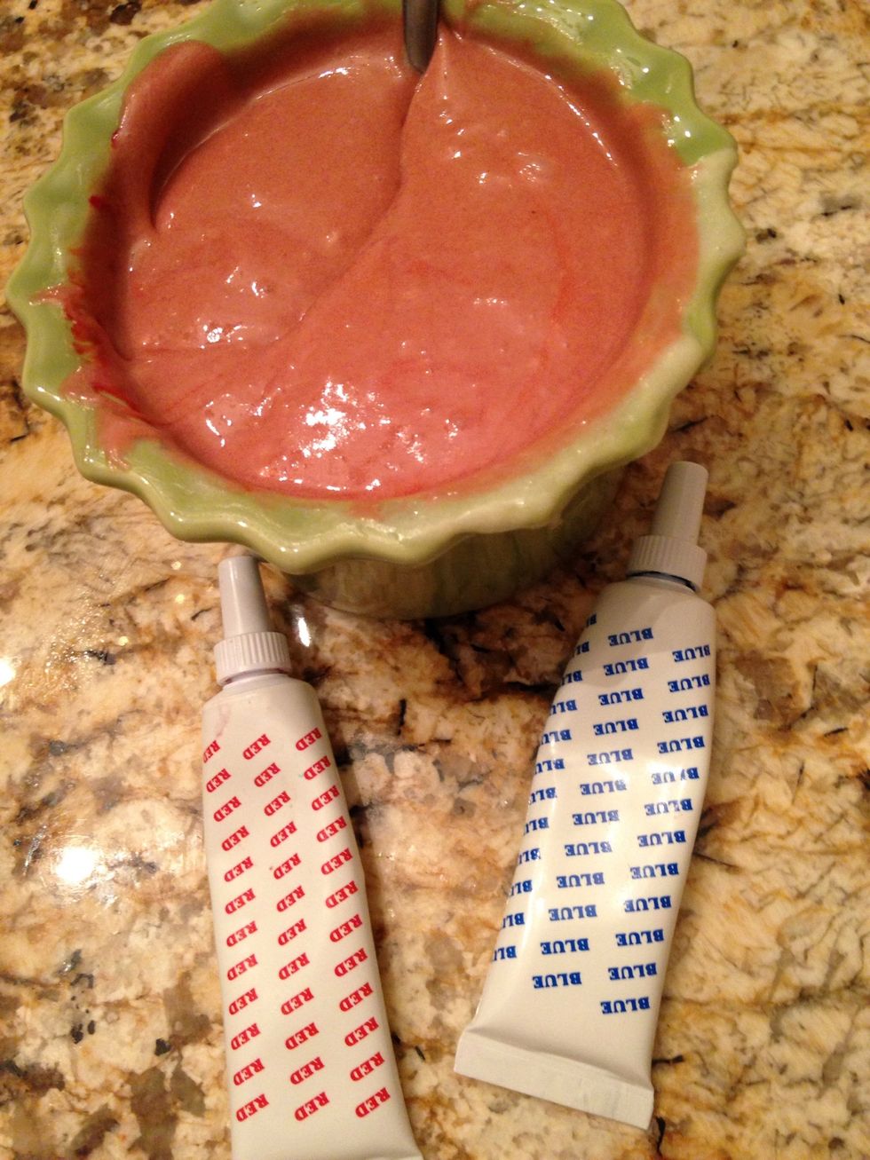 Take 8 red drops, 1 blue drop . To make "Dark Rose Red"