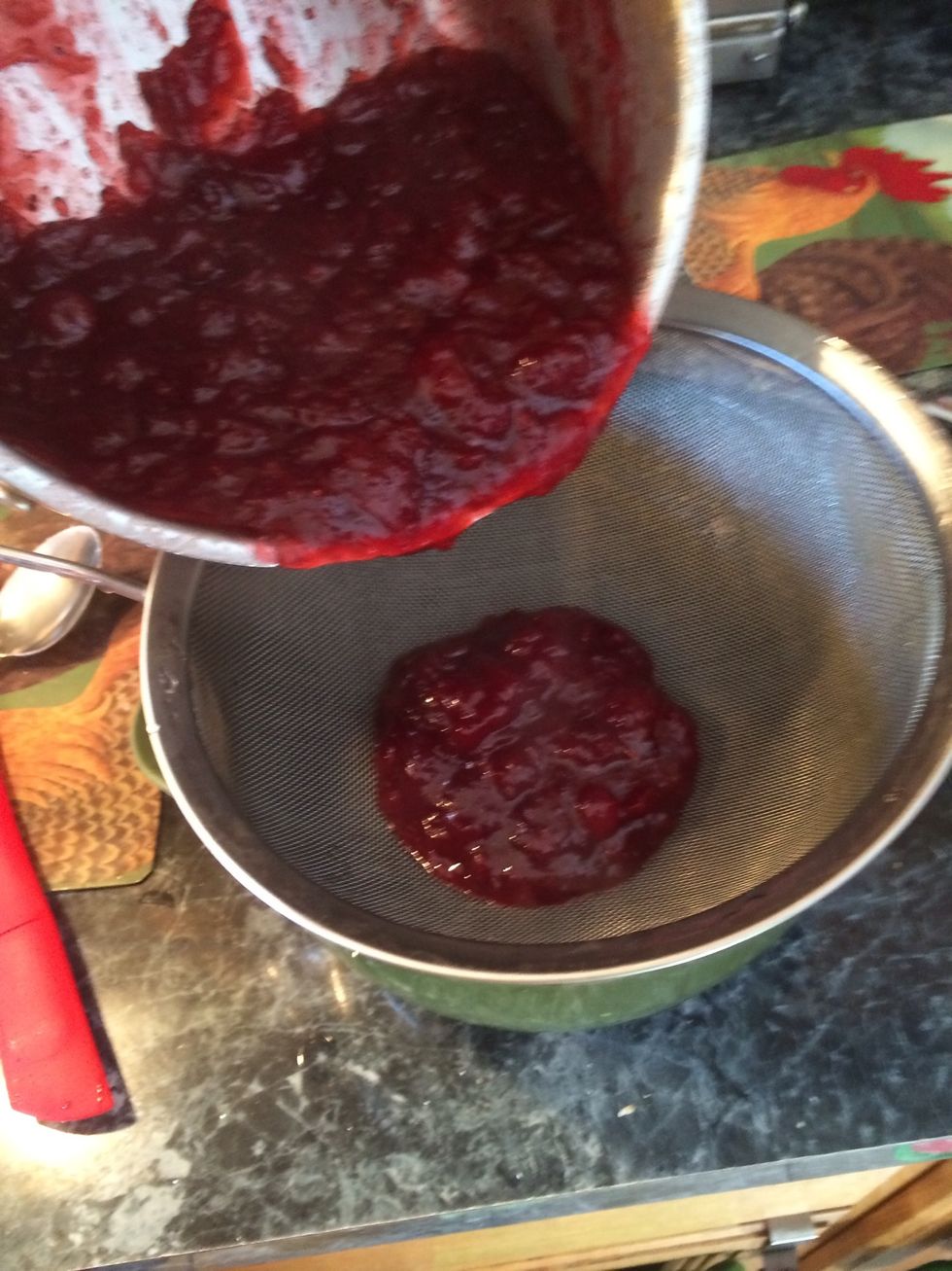 Take a bowl and put a large fine mesh sieve on it. Slowly add the hot cranberry sauce on it.