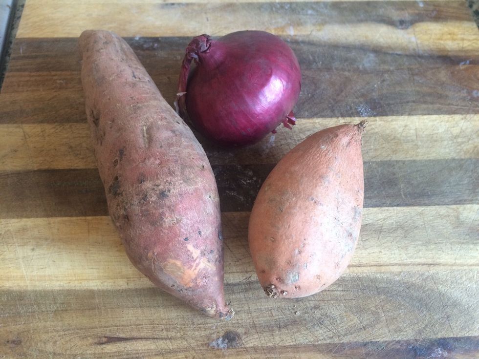 Take a couple of sweet potatoes and a red onion