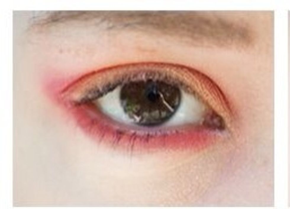 Take a crease brush and add pink shadow into your crease and sweep it underneath your eyes