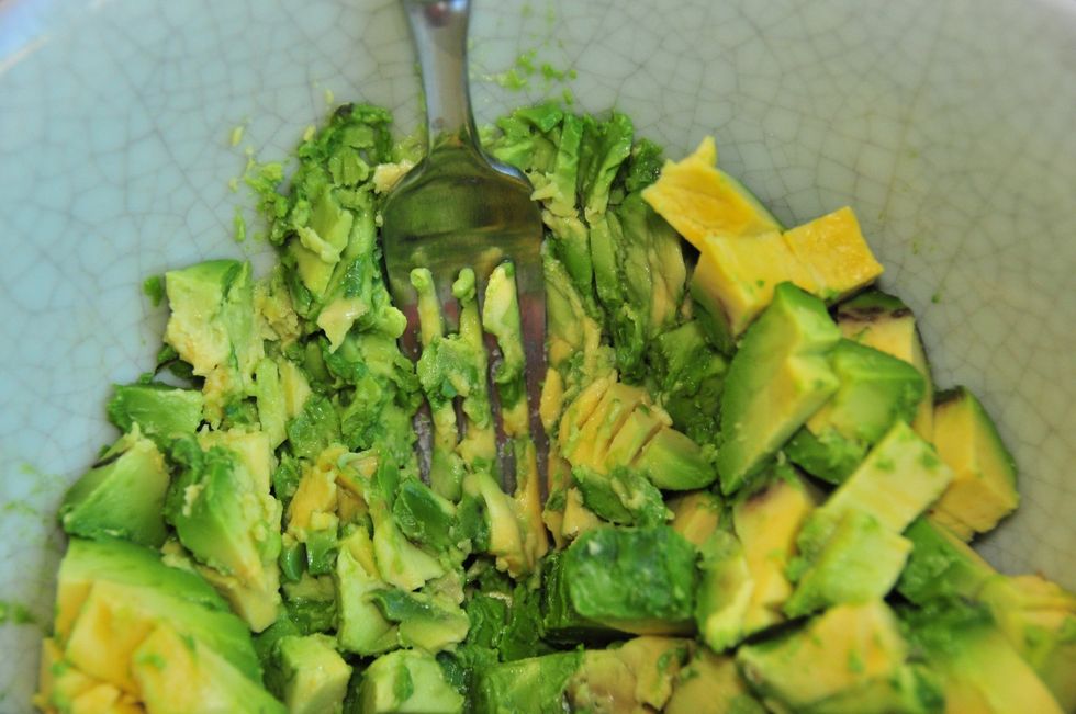 Take a fork and gently mash the avocado against the side of your bowl. Mash as little or as much as you like.  It's up to you.  I mash mine pretty well to get a smooth consistency.