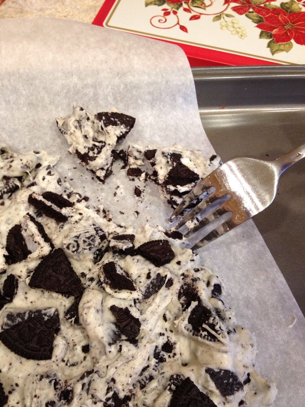 Take a fork and starting at the edge, break your creation into smaller pieces.