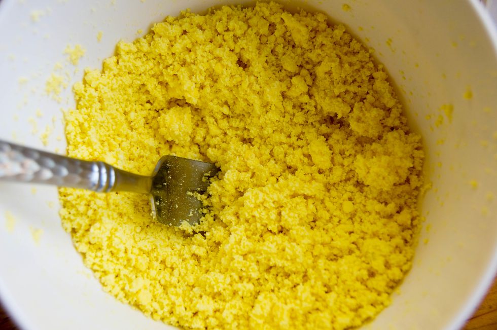 Take a fork, or use you fingers - whatever you prefer - to break up the yolk. Nobody likes a chunky deviled egg! The smoother the better.