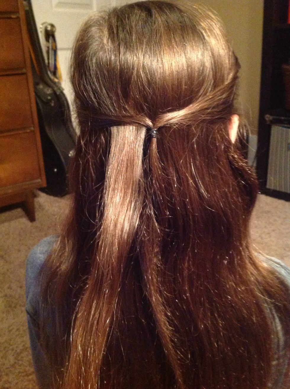 Take a piece of hair directly to the left of the hair tie.