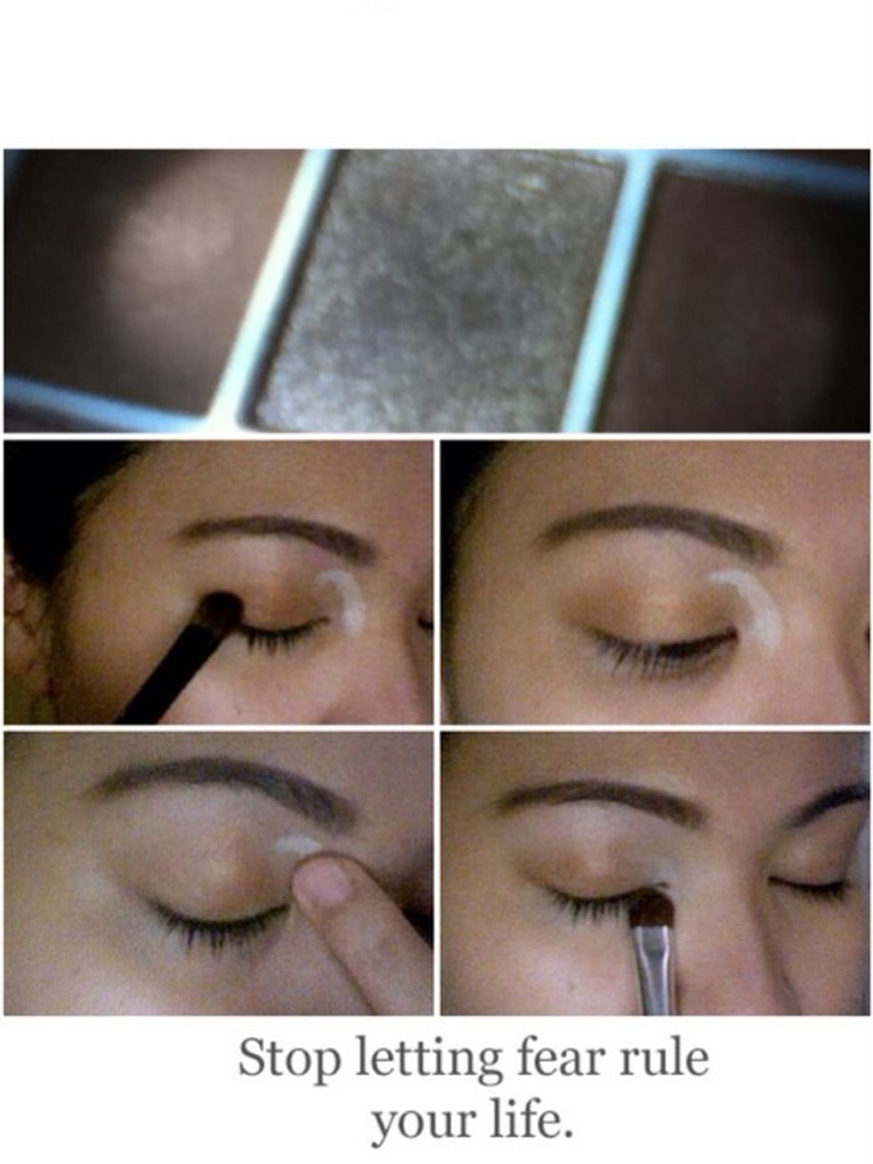 Take a rusty bronze e/s & pat it on the outer corner of the eye going in to the middle of lid. Blend out highlight going up to that area below the brow & layer that with white e/s.