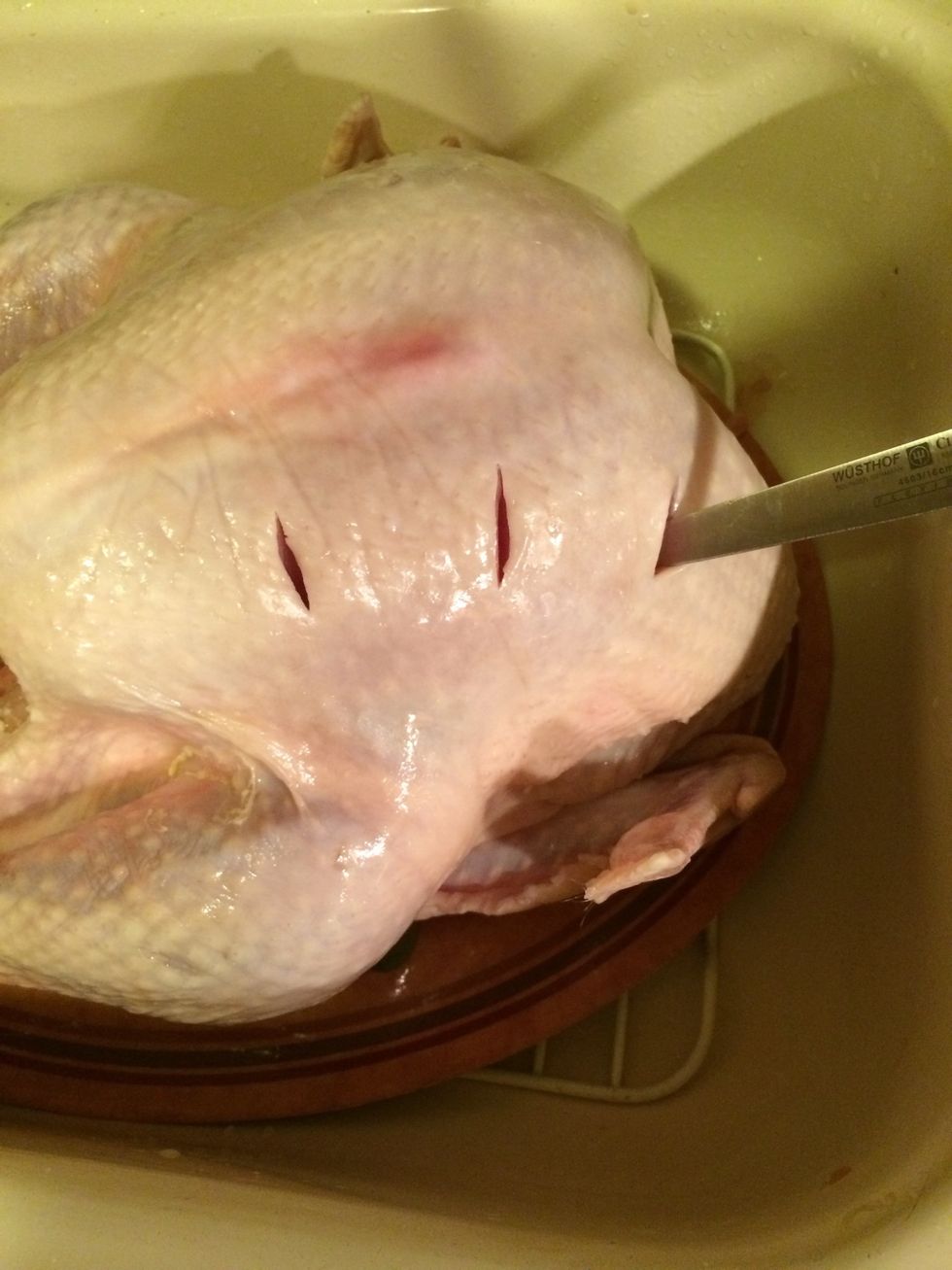 Take a sharp knife and start piercing the breast in a few locations. Do this to the entire turkey.