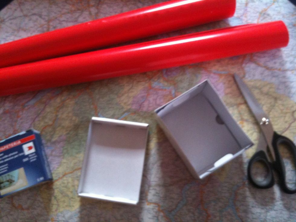 take a small box and some red paper (personally I use gift wrap), take scissors and labels for photos (or glue, or adhesive tape)