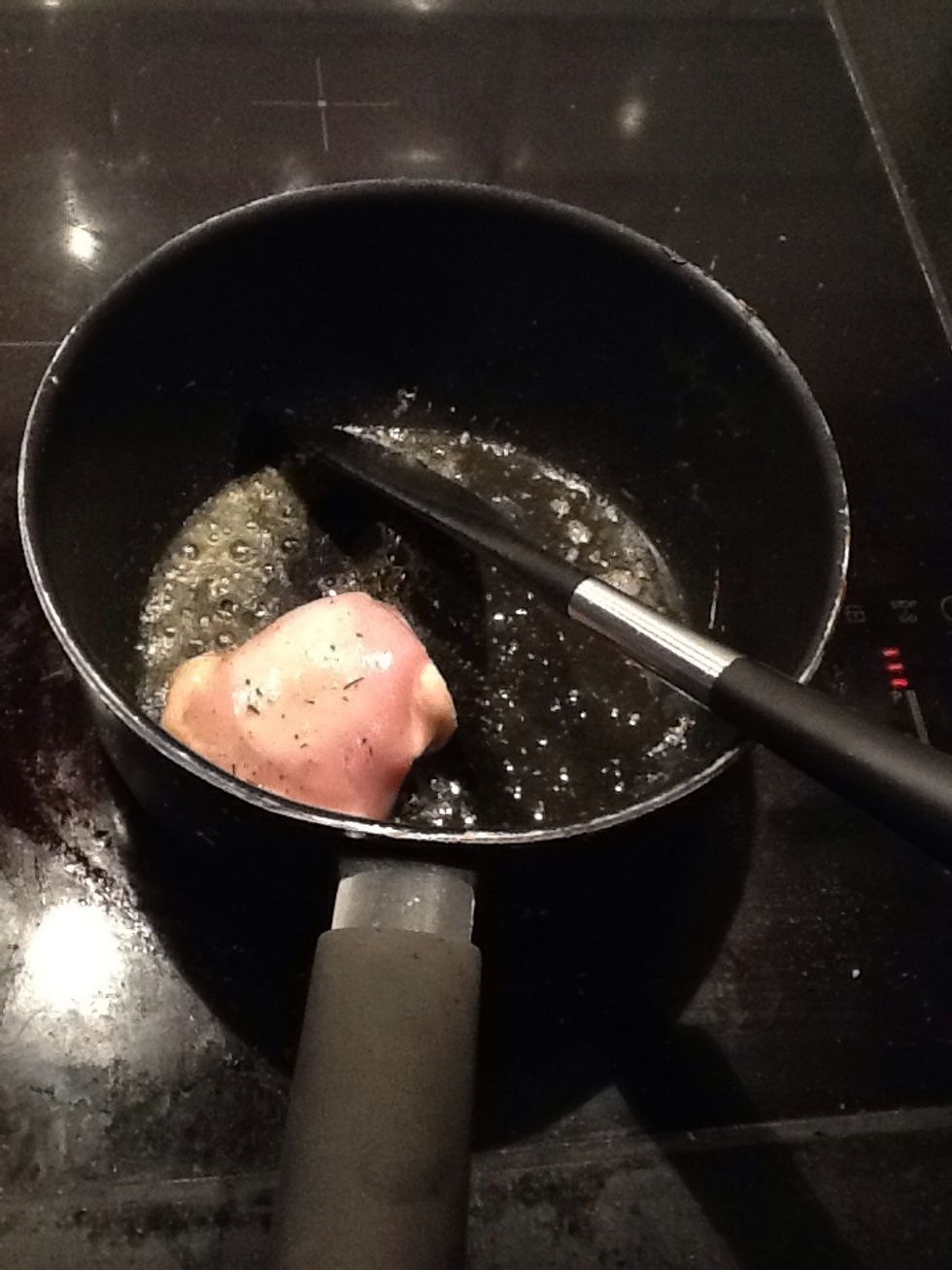 Take a small chicken cutlet and fry it in some more olive oil, add some salt and pepper