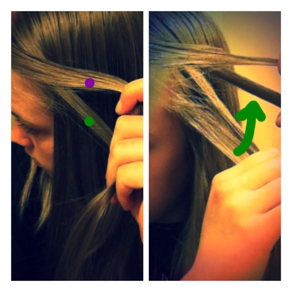 Take a small chunk of hair and split it into two. The bottom chunk is green and top is purple . Take another small section of hair and add it into the green chunk.