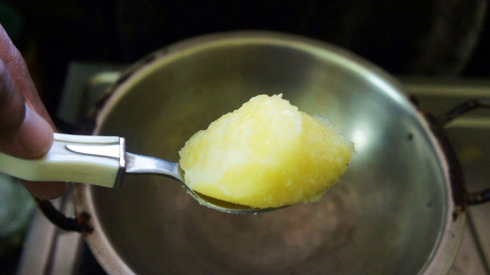 Take a small pan add ghee and heat it...