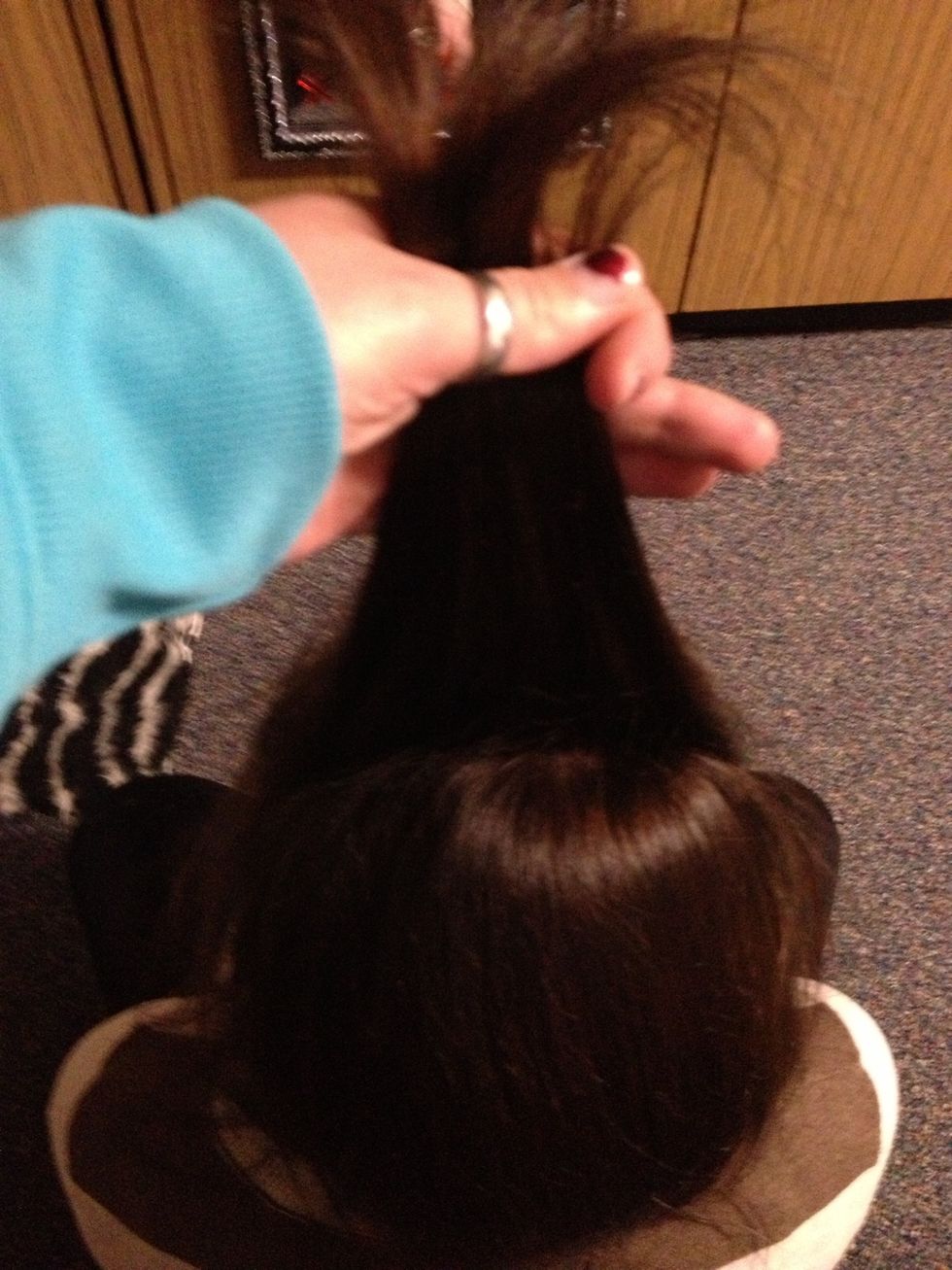 Take a small section of hair from the top.