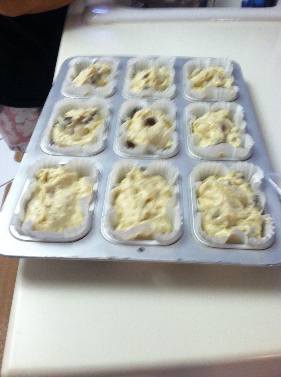 Take all of the batter out of the mixer and fill the cake liners with the batter. When filling the liners, spread the batter evenly so that you don't have any batter left.